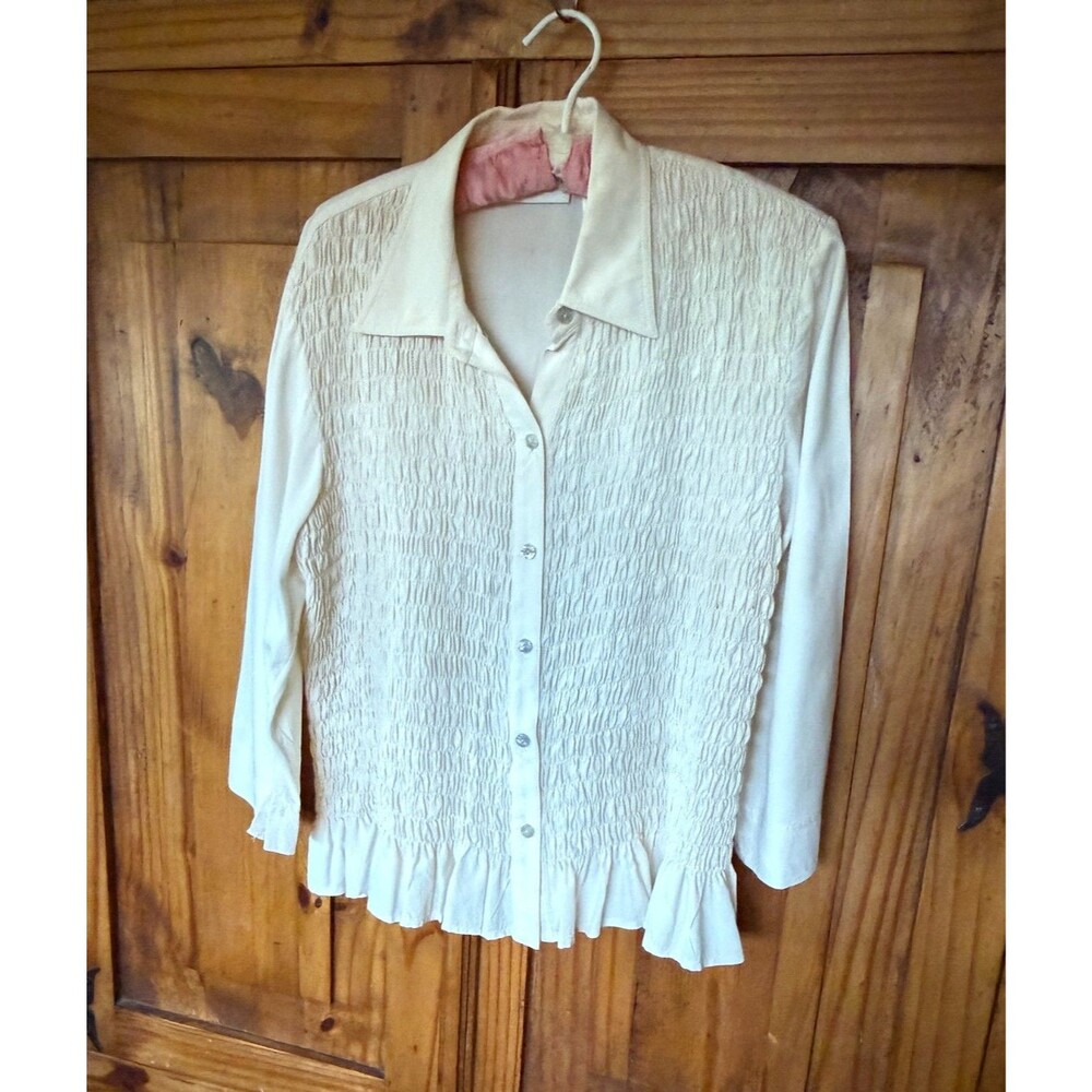 NWOTS Vtg Liz Claiborne 100% Silk Blouse Smocked Front Beige Unworn Size M